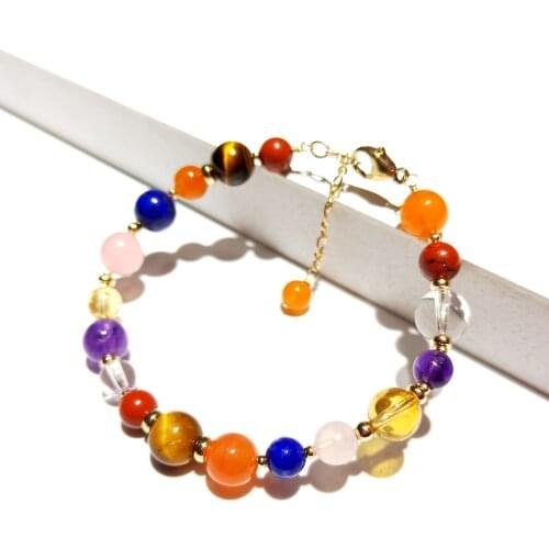 Lii Ji Colorful Natural Stone Amethyst Citrine Lapis Lazuli Rose Quartz Tigers Eye American 14K Gold Filled Bracelet 18cm+3cm