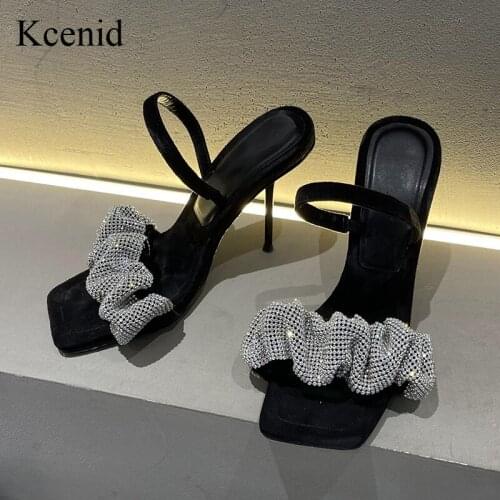 Kcenid Fashion Crystal Pleated Band High Heels Sandals Women Party Shoes White Black Back Strap Women Sexy Open Toe Shoes 2021