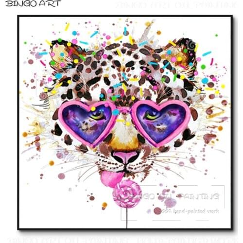 Fashion Design Hand-painted High Quality Animal Leopard Licking Lollipop Oil Painting on Canvas Fashion Artwork Leopard Painting