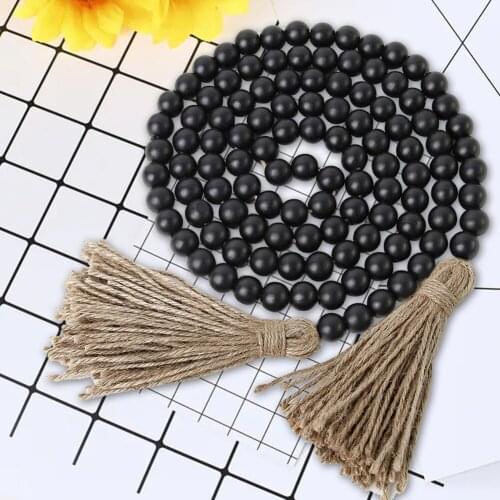 Wall Hanging Wood Bead Black Garland Rattan home Decoration Rustic Tassel room DIY macrame Ornament Closet Door Boho Gift Handle