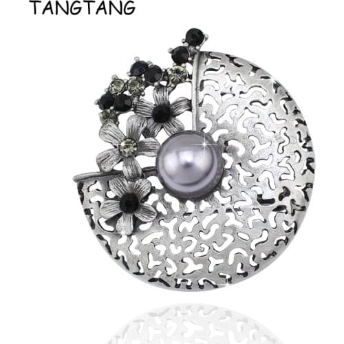 Retro Style Popular Fashion Men Women Handmade Gray Simulated Pearl Black Matte Plated Rhinestone Brooch Pin, Item NO.: BH8122