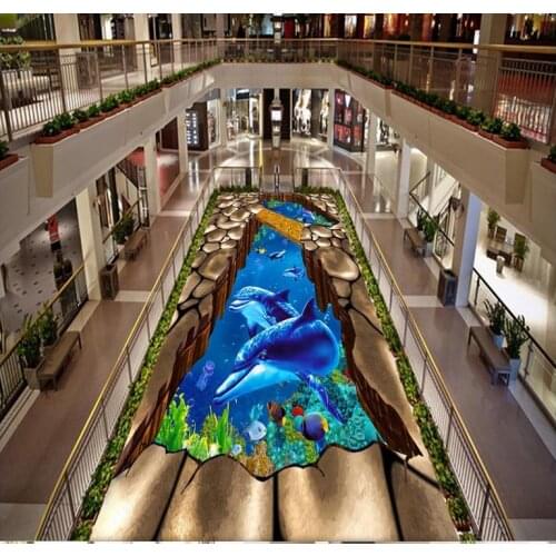 Dolphin submarine wooden bridge self-adhesive 3D floor wallpapers PVC waterproof floor Home Decoration