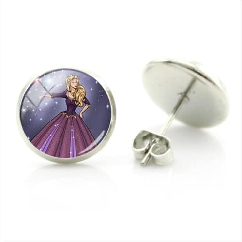 Disney Aisha Belle Princess Pattern Earrings Creative Design Earrings Glass Cabochon Fashion Simple Style Jewelry