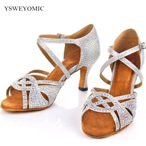 Silver Black Latin Dance Shoes Meduim Heels 7cm for Women Satin Open Toe Salsa Bachata Tango Salsa Shoe Ladies in Suede Outsole