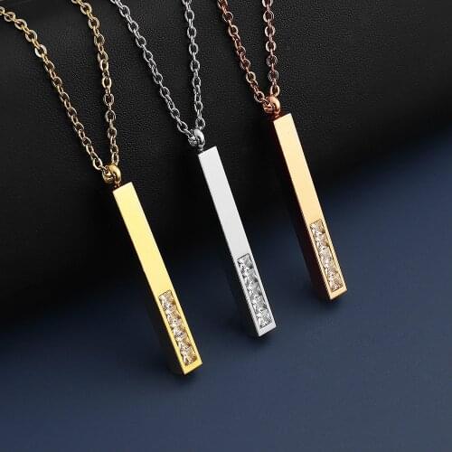 Mirror Polished Stainless Steel Necklace Square Strip Bar Pendants Necklaces Zircon Crystal Fashion Women Men Jewelry