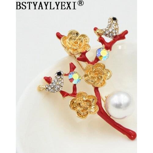Flowers tree Branches pearls Birds Badge Elegant Brooches Women Broche Fine Enamle Animal Cute Gold Metal Alloy Collar Clip