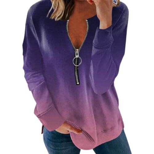 Gradient Flames Long T Shirt 2021 Fall Women Fashion Zipper V-Neck Long Sleeve Feather Tshirt Woman Casual Loose Large Size Tops