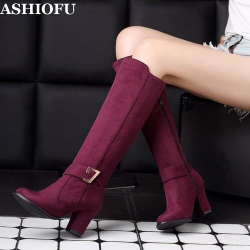 ASHIOFU 2020 Womens Elegant Handmade Thick Heels Boots Buckle-deco Round-toe Real Pictures Knee High Boots Winter Fashion Boots