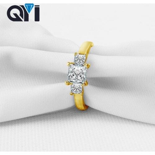 QYI Princess Cut Sona Simulated Diamond Engagement Rings Women Three Stone Wedding 14K Solid Yellow Gold Rings