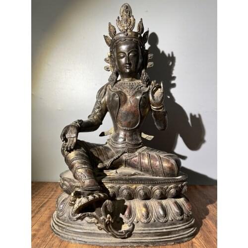 20" Tibet Temple Collection Old Bronze Cinnabar Lacquer Green Tara Guanyin Bodhisattva statue Sitting Buddha Enshrine the Buddha