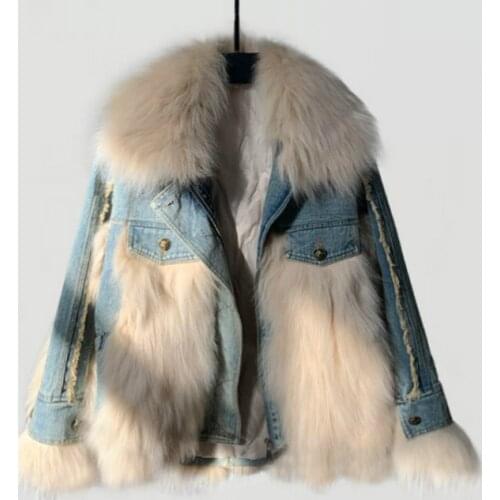 2021 Winter New Denim Jacket Down Liner Pie Overcomes Trend of Female Fox Fur Stitching Fur Down Jacket Coat Women Streetwear