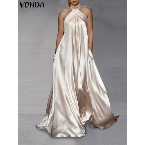 VONDA Summer Party Maxi Dress 2021 Women Sexy Backless Sleeveless Off Shoulder Long Dresses Kleid Sundress Satin Slik Vestidos