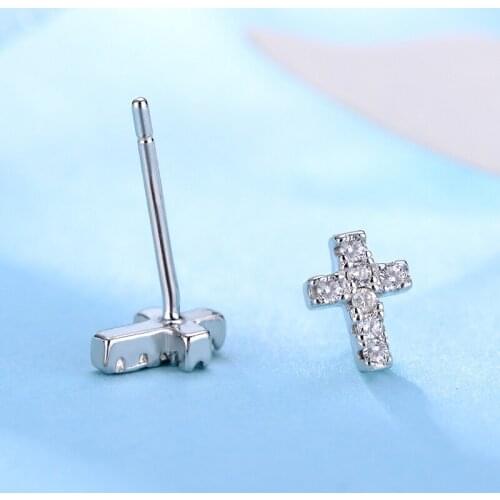 Authentic 100% 925 Sterling Silver Delicate Majestic Cross Stud Earrings With White Clear CZ Compatible with Jewelry
