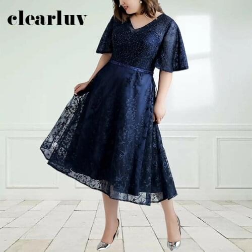 Shiny Crystal Evening Dresses DR1086 A-Line Tea-Length Women Party Dress Navy Blue Robe De Soiree Lace Up Plus Size Formal Gowns