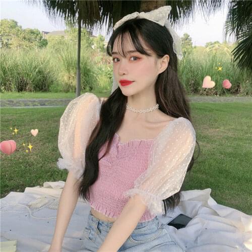 Blouse Women Shirt 2021 Summer Dot Mesh Puff Sleeve Plaid Short Sleeve Womens Top Blusas Mujer De Moda