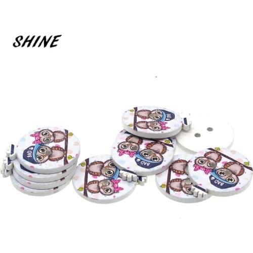 SHINE 30PCs Wooden Sewing Buttons Scrapbooking Round shape Owl Painting Mixed 2 Holes Costura Botones Decorate W10073 22mm