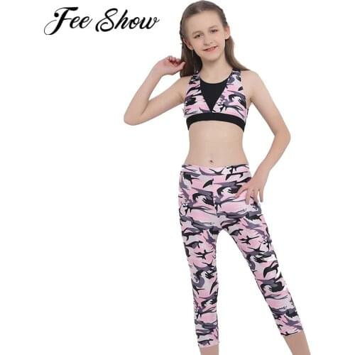 Kids Girls Camouflage Athletic Running Sports Suit Tracksuits Yoga sets Sportswear Impact Cut Out Top Bra and Pants Dance Outfit