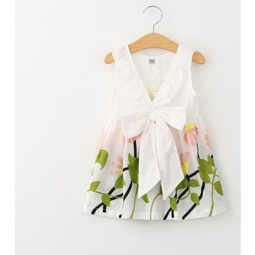 2020 Childrens Summer Dress Kids Baby Girls Bow V-neck Flower Print Party Backless Dress for Girls