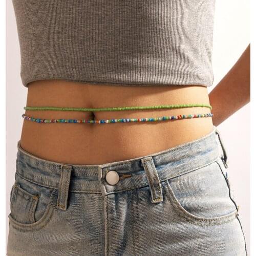 Docona New Trendy Colorful Seed Beaded Belly Chains for Women Bohemian Summer Ocean Beach Party Body Jewelry Accessories 18224