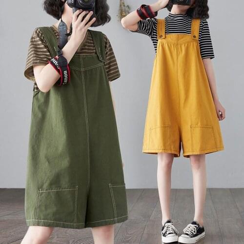 Wide-leg Denim Bib Shorts Pants Women 2021 Korean Look Thin Jeans Loose Pocket Overalls Shoulder Strap Jumpsuit Five-point Pants