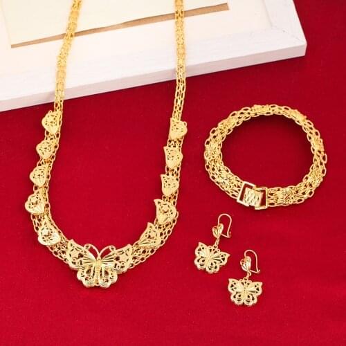 Ethiopian Wedding Jewelry Sets 24K Gold Color Butterfly Earring Bracelet Necklace Sets For Wedding Jewelry