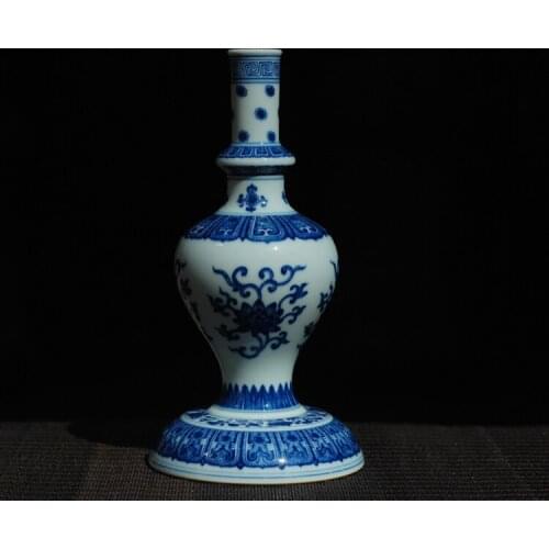 Hand-painted Blue and White Lotus Archaize Ceramic Candle Holder Table Furnishing Piece Happy Auspicious Hand-made Five Tributes
