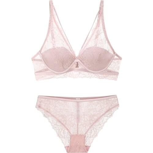 Fixed Shoulder Strap Lingerie With Panties Autumn And Winter New Sexy Lace Thin Bra Set Women Push Up Underwire Hollow Out