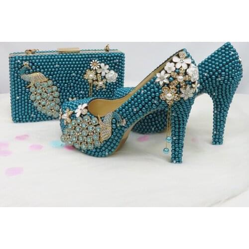 LoveinCrystal Peacock Pearl Bride Wedding High Heels Teal Blue Womens Shoes Round Toe Thin Heel Green Blue Shoes And Bag Set