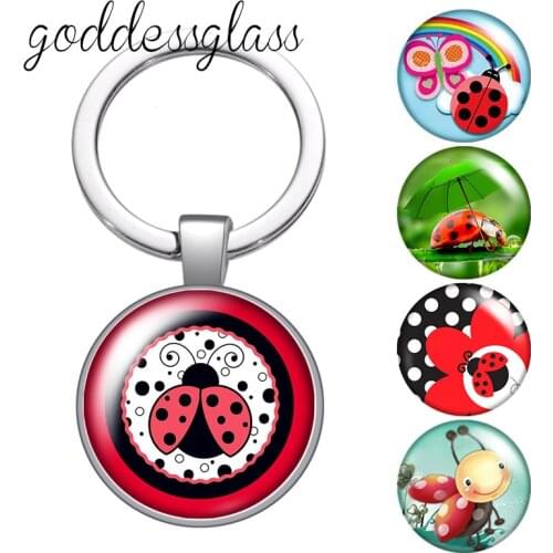 Cute Lovely Ladybug dots insect animals Round glass cabochon keychain Bag Car key chain Ring Holder Charms keychains for gift