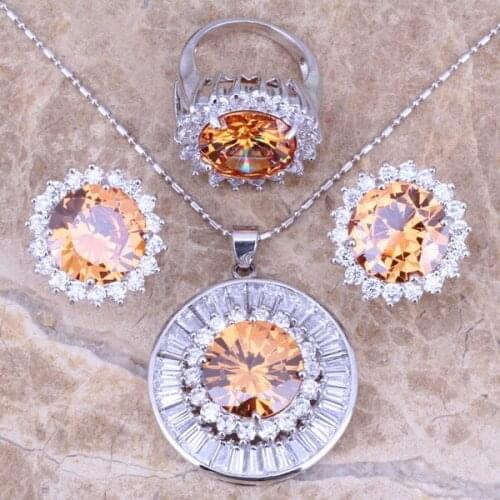 Brown Morganite White CZ Silver Plated Jewelry Sets Earrings Pendant Ring Size 6 / 7 / 8 / 9 / 10 S0019