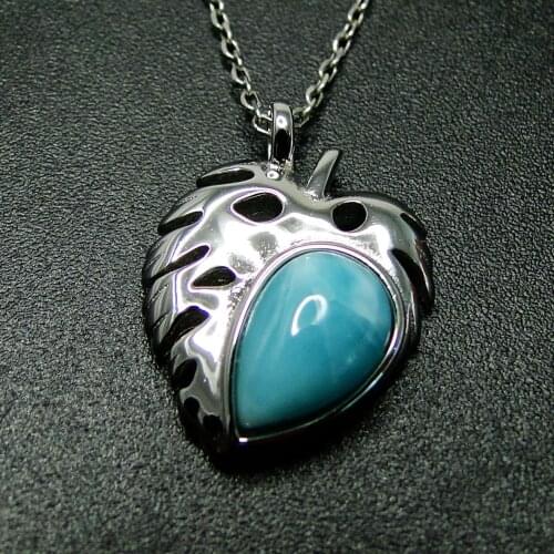 Natural Dominica Larimar 925 Sterling Silver Larimar Monstera Pendant Necklace For Women Gift