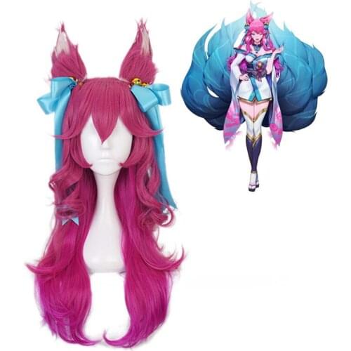 Game League of Legends Cosplay Wig With Ears Headwear Women Girls Spirit Blossom Ahri Synthetic Long Wave Hair Wigs C60K202