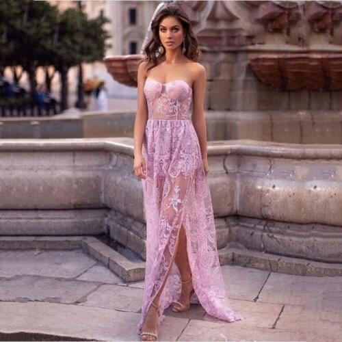 Simple Pink Strapless Prom Dress Lace Tulle Long Side Split Sweetheart Beach Party Gown Womens Formal Party Dress