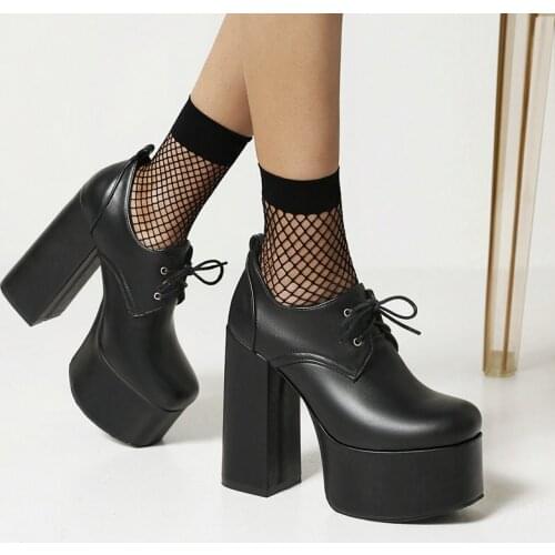 2021 Autumn Neutral Women Pumps Fashion Lace-up Platform Female Single Shoes Thick High Heels Office Ladies Shoes Black