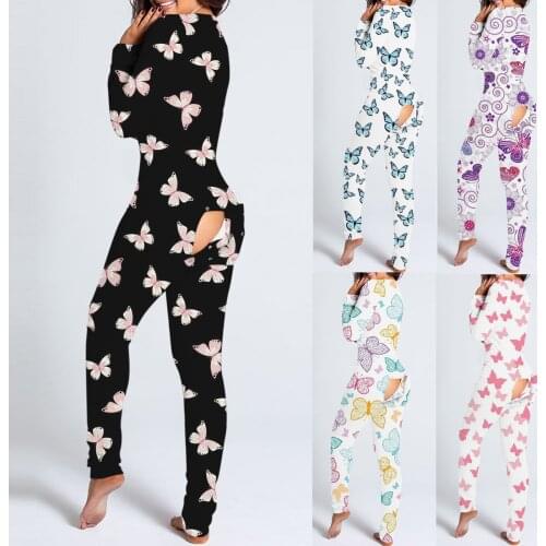Plus Size Sexy Onesies Women Fashion Butterfly Printing Buttoned Flap Jumpsuit Home Deep V-Neck Sleepwear Bodysuit Winter Pajama