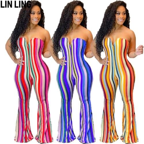 LINLING Womens Off Shoulder Striped Print Playsuit Flared V-neck Strapless Romper Short Jumpsuit Tie Dye Jumpsuit for Women