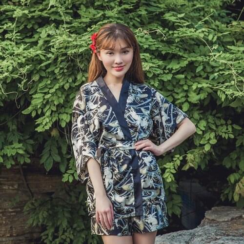 Women Traditional Japanese Costume Kimono Dress V-Neck Silk Pajamas Sleepwear Girls Home Pajamas Nightgown Tops+Shorts Sets