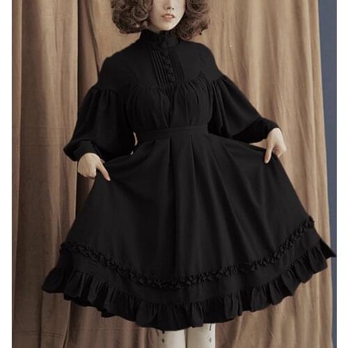 Lolita Style Lace Women Dresses Loose Gothic Dress Stand Collar Long Sleeve Lantern Sleeve Dress Women Elegant Robe Longue Femme