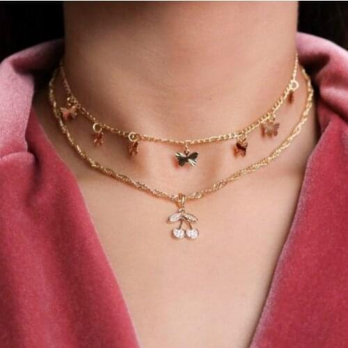 New Fashion Necklace Gothic Ladies Butterfly Cherry Pendant Multi-layer Necklace Combination Jewelry Bohemio Statement Necklace