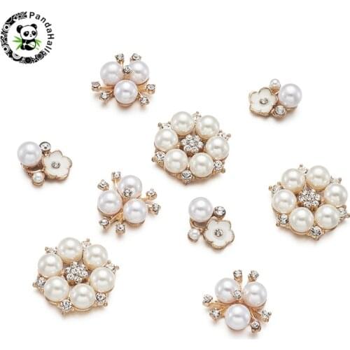 Pandahall 10-50pcs Alloy Cabochons with Acrylic Imitation Pearl and Rhinestone for Jewelry Findings Making Mixed Sizes Golden