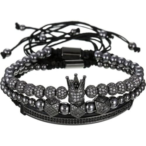 3pcs/set Natural Stone Bead Crown Zircon Bracelet Men Fashion Couple Stone Charm Bracelet For Men Women Jewelry Accessories