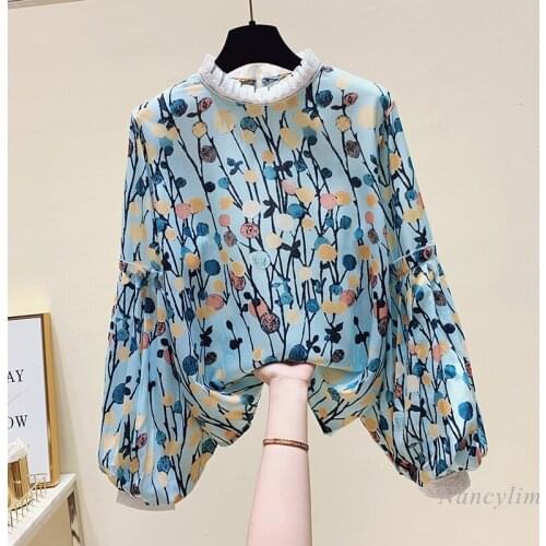 Long Lantern Sleeve Blouses Womens New Stand Collar Chiffon Shirt Fashion Print Ruffled Collar Loose Lady Tops Blusas Mujer 2021