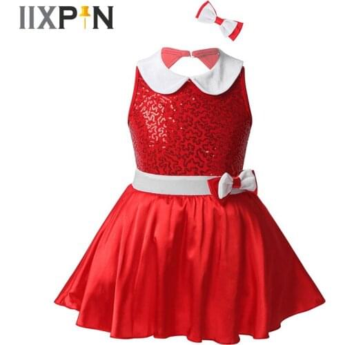 Kid Girls Christmas Ballet Leotard Dress Sleeveless Shiny Sequined Boknot Ballet Tutu Leotard Dress with Hair Clip Set Dancewear