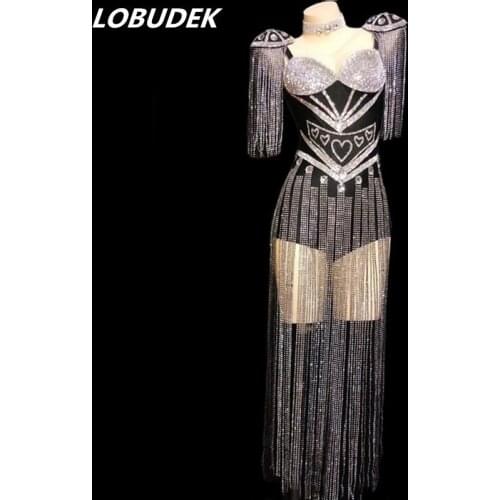 Long Tassels Black Rhinestones Skinny Bodysuit Female Leotard Sexy Costume Nightclub Bar Bling Stage Outfit Show DJ Dance Group