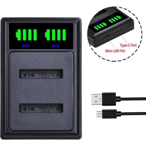 LED Dual Charger with Type C Port for EN-EL19 Li-42b Battery and Nikon Coolpix S33 A300 S7000 W100 S3700 S2800 S5300 S4100