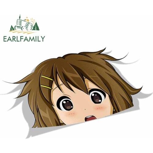 EARLFAMILY Cartoon Car Sticker for Yui Hirasawa K-on Peeker Big Head Anime Vinyl Rear Windshield Trunk Decal Car Accessories