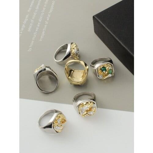 HANGZHI2021New European and American bloggers fashion retro irregular inlaid metal ring men and women with the same style