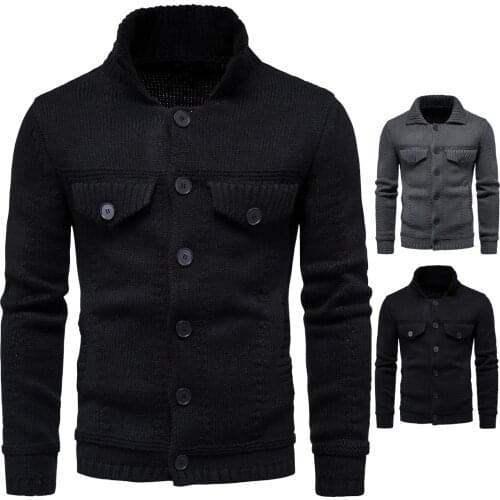 Cargo Sweater Men 2020 New Top Solid Casual Cardigan Mens Ribbed Hem Warm Elasticity Jacket Knitwear Fake Pocket Oversized