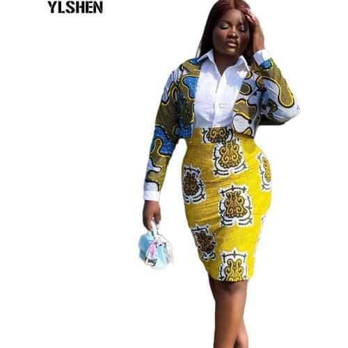 2 Piece Set African Print Dresses for Women Dashiki Winter Crop Tops Midi Skirt African Clothes Bazin Riche Robe Africaine Femme