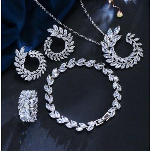 Leaf Shape S925 Sterling Silver Fashion Luxury AAA Zircon Wedding Engagement Earring Necklace Ring Bracelet Jewelry Sets